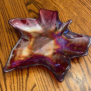 Shiny Red Maple Leaf Hand Blow Glass Shaped Curved Dish Tray Metallic Undertones